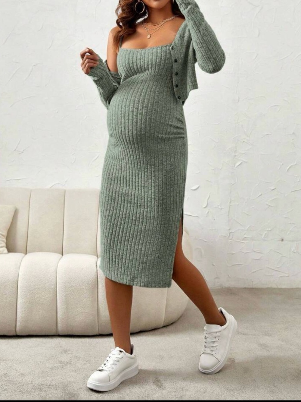 NWOT Ribbed Knit Maternity Midi Dress with Cardigan - Sage Green